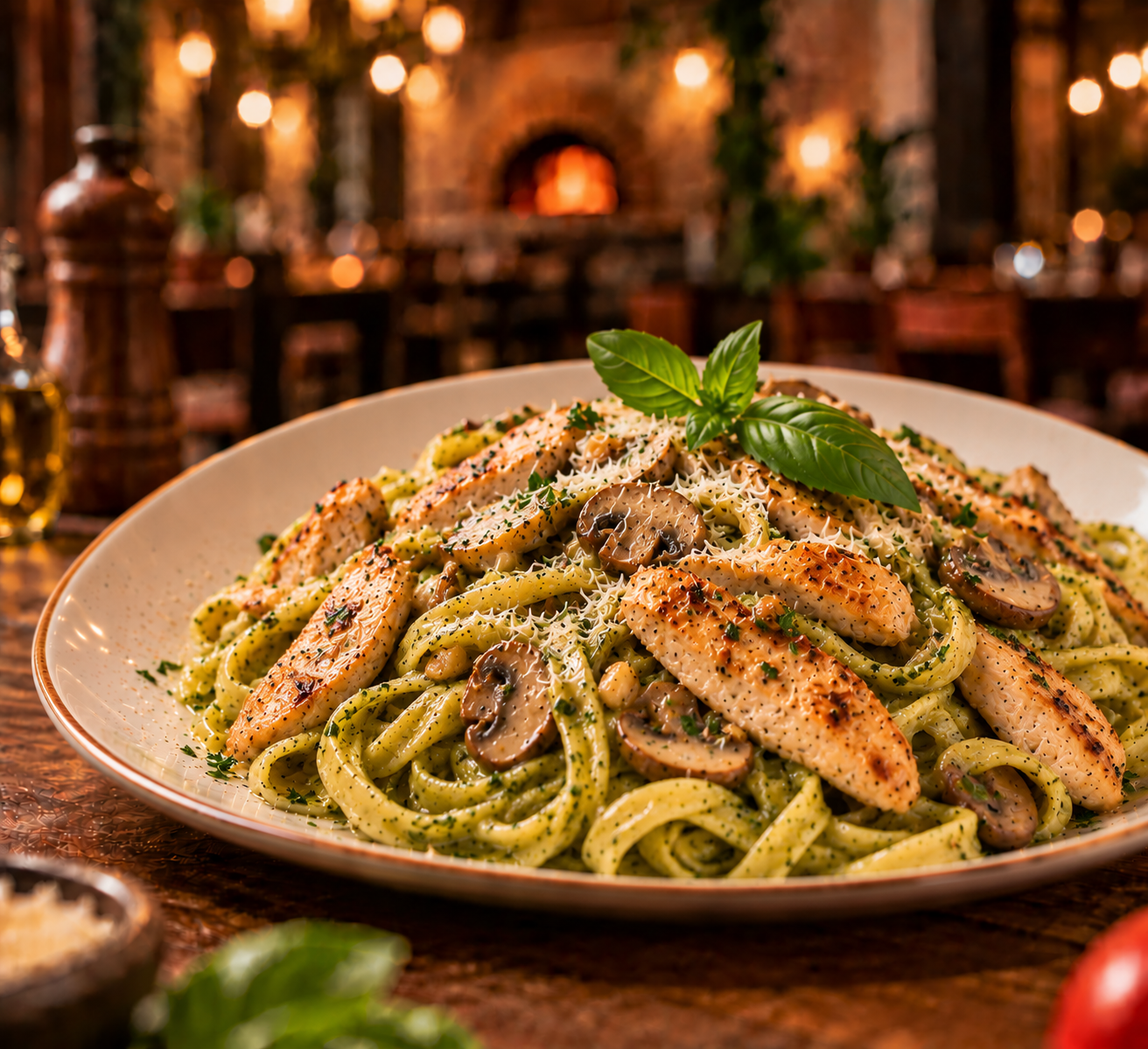 Fetuccini al Pesto con Pollo a la Plancha en Salsa Blanca con Champiñones